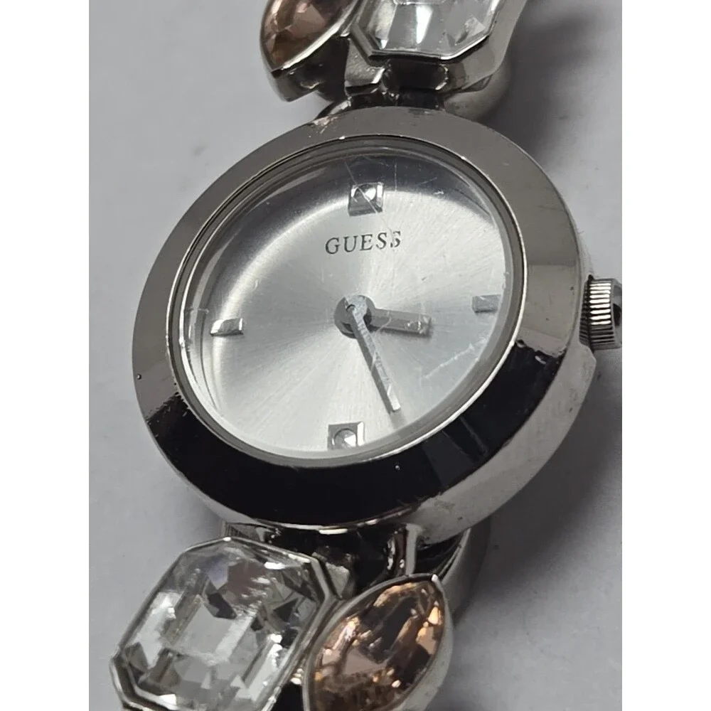 Womens Guess Pink Marquise Crystal Pearls Bows Silver Bracelet Watch New Battery